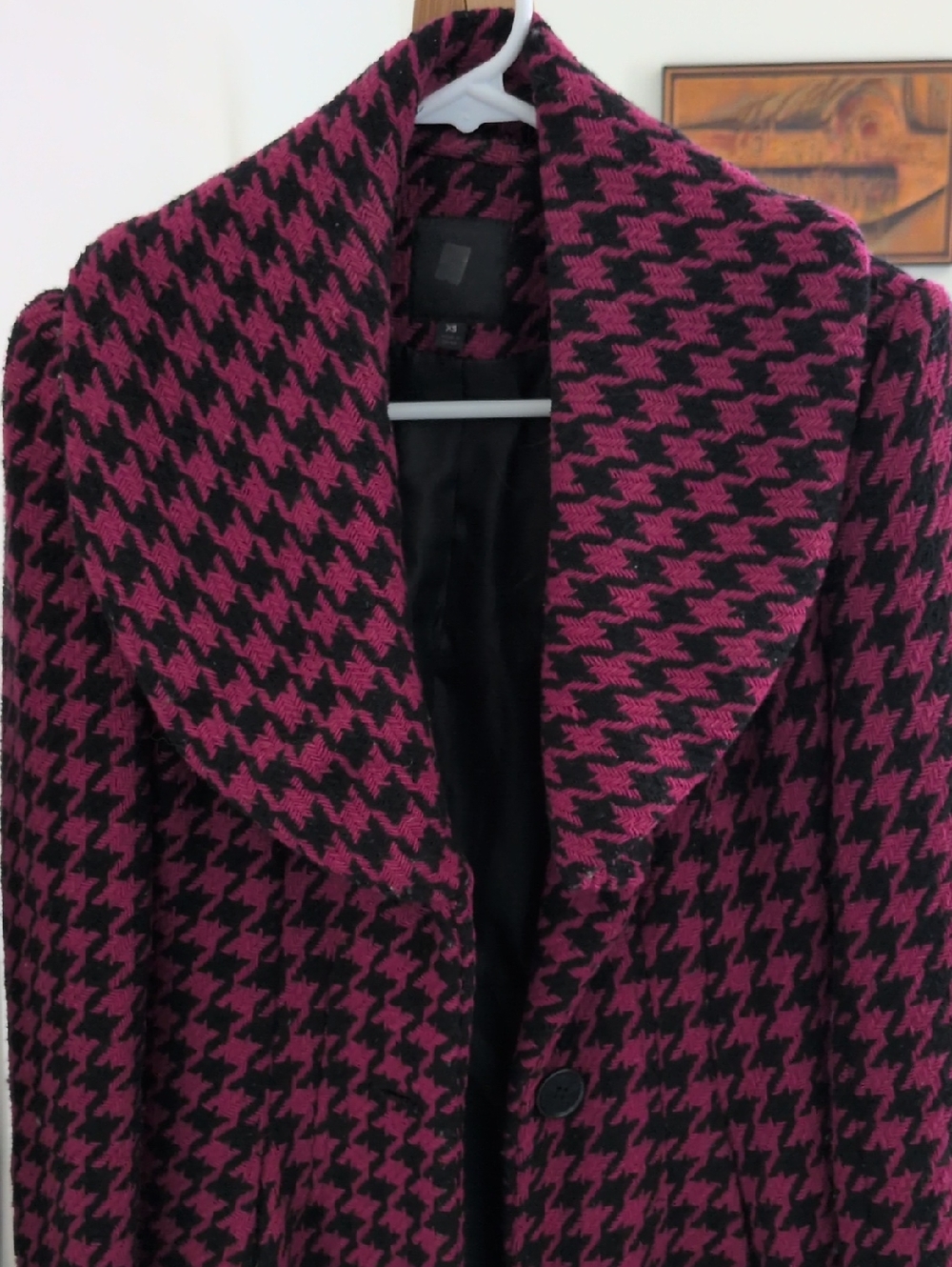 Women's Houndstooth Long Coat in Magenta and Black - Express Circa 2008- XS - Picture 3 of 9